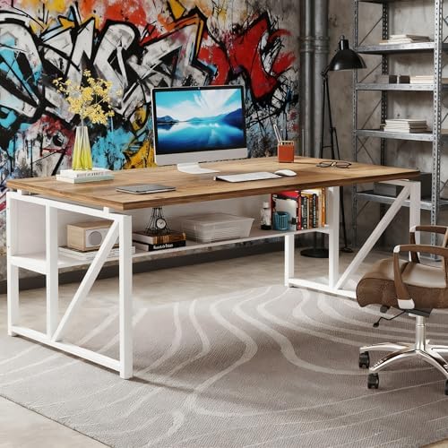 Tribesigns 63 inches Computer Desk with Bottom Storage Shelf Home Office Desk Writing Table for Workstation Dark Walnut   Steel Leg  Cabinet not Included  Light Walnut  63 inch with Shelf 