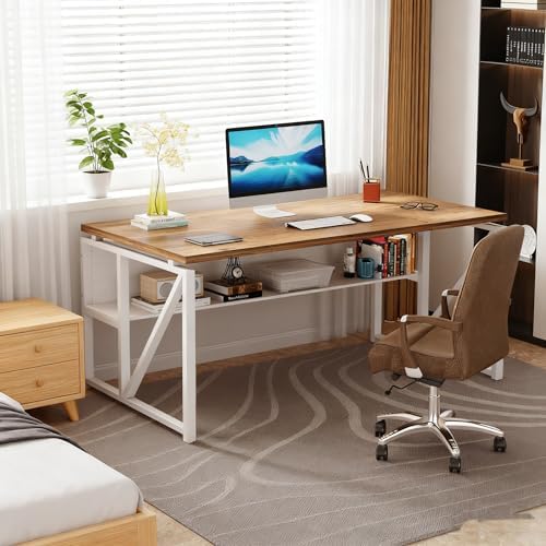 Tribesigns 63 inches Computer Desk with Bottom Storage Shelf Home Office Desk Writing Table for Workstation Dark Walnut   Steel Leg  Cabinet not Included  Light Walnut  63 inch with Shelf 