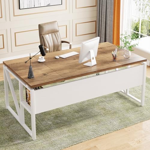 Tribesigns 63 inches Computer Desk with Bottom Storage Shelf Home Office Desk Writing Table for Workstation Dark Walnut   Steel Leg  Cabinet not Included  Light Walnut  63 inch with Shelf 