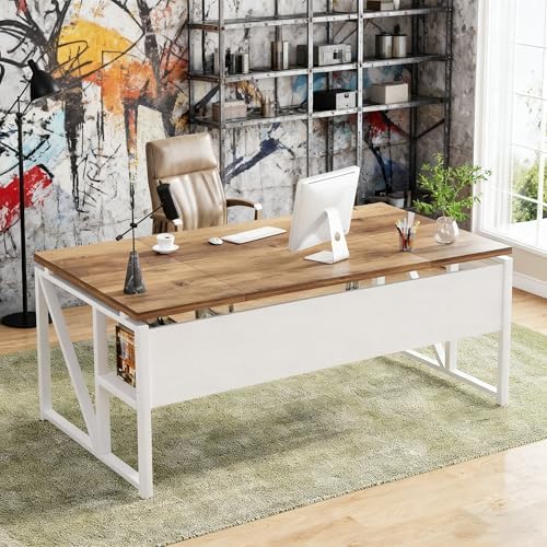 Tribesigns 63 inches Computer Desk with Bottom Storage Shelf Home Office Desk Writing Table for Workstation Dark Walnut   Steel Leg  Cabinet not Included  Light Walnut  63 inch with Shelf 