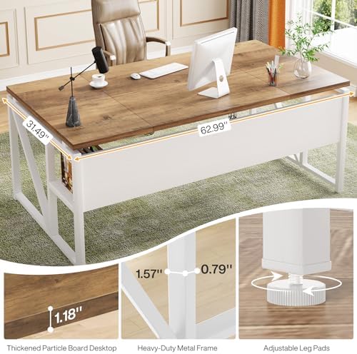 Tribesigns 63 inches Computer Desk with Bottom Storage Shelf Home Office Desk Writing Table for Workstation Dark Walnut   Steel Leg  Cabinet not Included  Light Walnut  63 inch with Shelf 