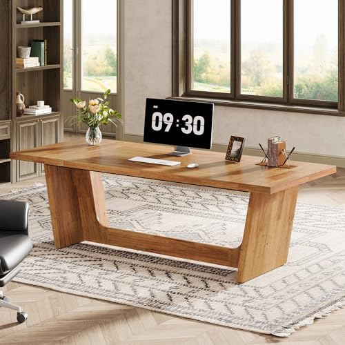 Tribesigns 70 87 Inch Executive Desk  Large Wood Desk for Home Office  Rustic Study Writing Table with Heavy Duty Pedestal  Extra Long Business Workstation