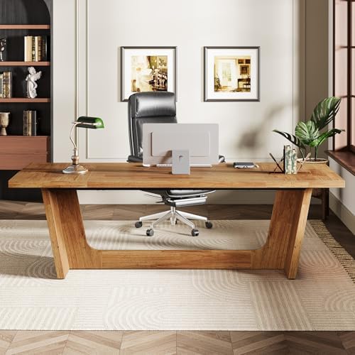 Tribesigns 70 87 Inch Executive Desk  Large Wood Desk for Home Office  Rustic Study Writing Table with Heavy Duty Pedestal  Extra Long Business Workstation