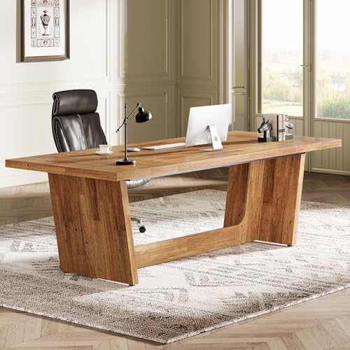 Tribesigns 70 87 Inch Executive Desk  Large Wood Desk for Home Office  Rustic Study Writing Table with Heavy Duty Pedestal  Extra Long Business Workstation