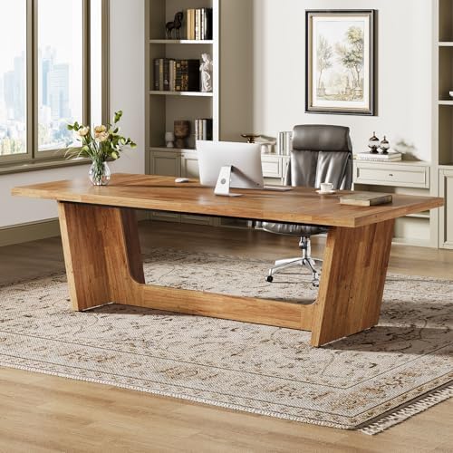 Tribesigns 70 87 Inch Executive Desk  Large Wood Desk for Home Office  Rustic Study Writing Table with Heavy Duty Pedestal  Extra Long Business Workstation