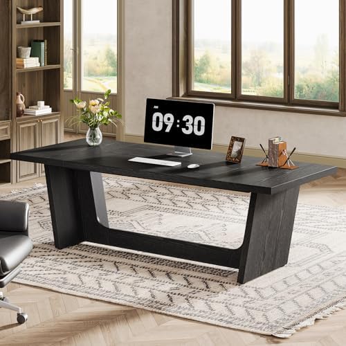 Tribesigns 70 87 Inch Executive Desk  Large Wood Desk for Home Office  Rustic Study Writing Table with Heavy Duty Pedestal  Extra Long Business Workstation