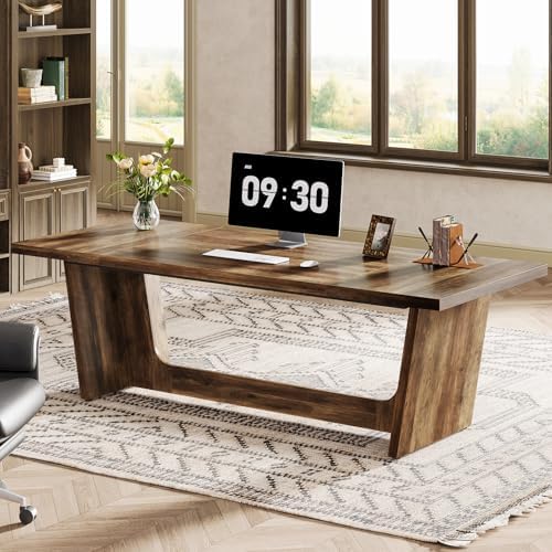 Tribesigns 70 87 Inch Executive Desk  Large Wood Desk for Home Office  Rustic Study Writing Table with Heavy Duty Pedestal  Extra Long Business Workstation