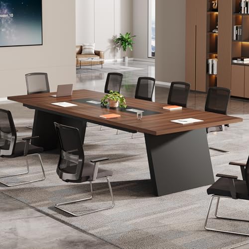 Tribesigns 8ft Conference Table  Modern Office Meeting Room Table with Cable Management  Large Business Seminar Furniture for Boardroom  Walnut and Black