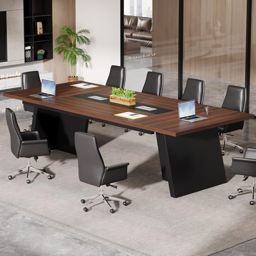Tribesigns 8ft Conference Table  Modern Office Meeting Room Table with Cable Management  Large Business Seminar Furniture for Boardroom  Walnut and Black