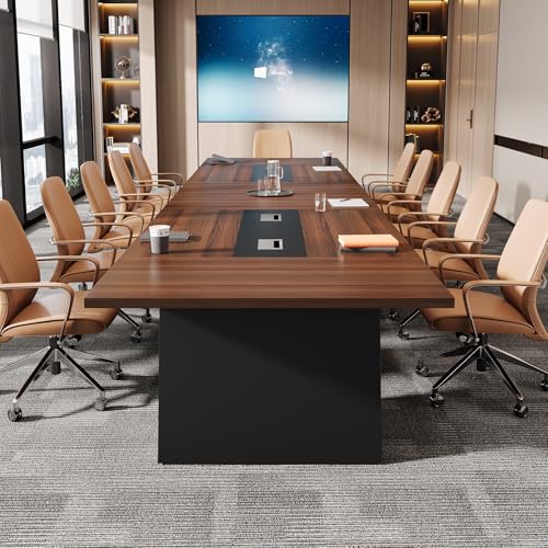 Tribesigns 8ft Conference Table  Modern Office Meeting Room Table with Cable Management  Large Business Seminar Furniture for Boardroom  Walnut and Black