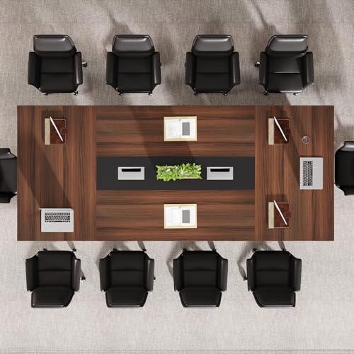 Tribesigns 8ft Conference Table  Modern Office Meeting Room Table with Cable Management  Large Business Seminar Furniture for Boardroom  Walnut and Black