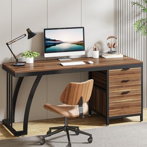 Tribesigns Computer Desk with 3 Drawers  59 Inch PC Desk with Reversible Drawers  Industrial Study Writing Table Workstation with File Storage for Home Office  Walnut