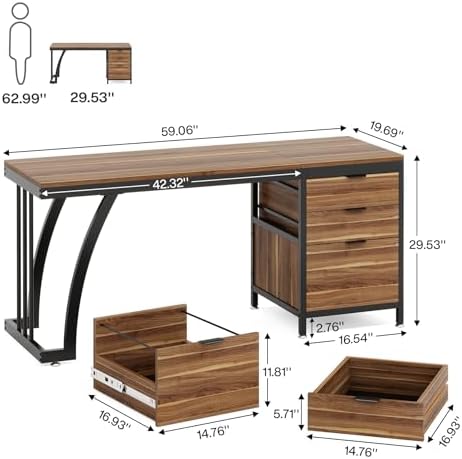 Tribesigns Computer Desk with 3 Drawers  59 Inch PC Desk with Reversible Drawers  Industrial Study Writing Table Workstation with File Storage for Home Office  Walnut