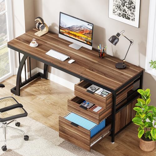 Tribesigns Computer Desk with 3 Drawers  59 Inch PC Desk with Reversible Drawers  Industrial Study Writing Table Workstation with File Storage for Home Office  Walnut