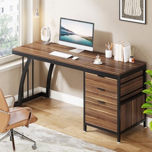 Tribesigns Computer Desk with 3 Drawers  59 Inch PC Desk with Reversible Drawers  Industrial Study Writing Table Workstation with File Storage for Home Office  Walnut