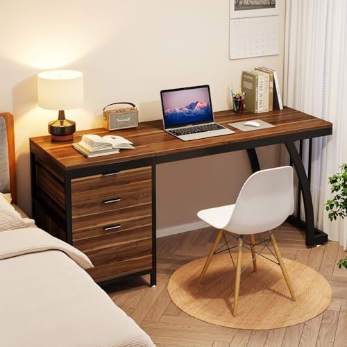 Tribesigns Computer Desk with 3 Drawers  59 Inch PC Desk with Reversible Drawers  Industrial Study Writing Table Workstation with File Storage for Home Office  Walnut