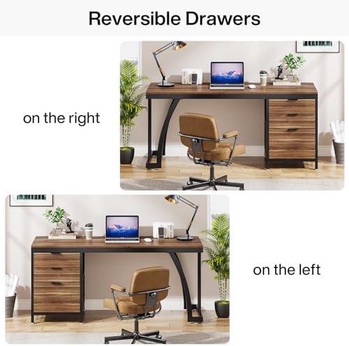 Tribesigns Computer Desk with 3 Drawers  59 Inch PC Desk with Reversible Drawers  Industrial Study Writing Table Workstation with File Storage for Home Office  Walnut