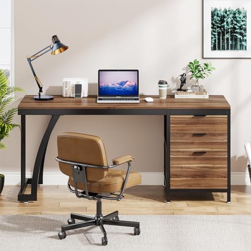 Tribesigns Computer Desk with 3 Drawers  59 Inch PC Desk with Reversible Drawers  Industrial Study Writing Table Workstation with File Storage for Home Office  Walnut