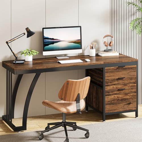 Tribesigns Computer Desk with 3 Drawers  59 Inch PC Desk with Reversible Drawers  Industrial Study Writing Table Workstation with File Storage for Home Office  Walnut
