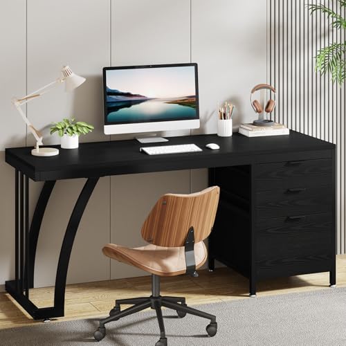 Tribesigns Computer Desk with 3 Drawers  59 Inch PC Desk with Reversible Drawers  Industrial Study Writing Table Workstation with File Storage for Home Office  Walnut