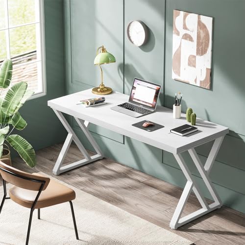 Tribesigns Writing Computer Desk  55 inch Heavy Duty Study Desk with Z Shaped Metal Leg  Modern Simple Home Office Computer Desk  White