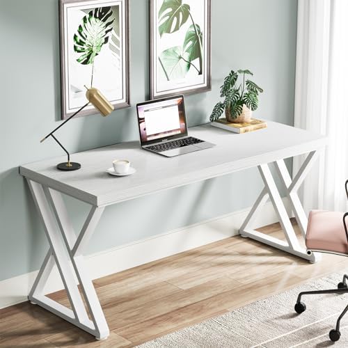 Tribesigns Writing Computer Desk  55 inch Heavy Duty Study Desk with Z Shaped Metal Leg  Modern Simple Home Office Computer Desk  White