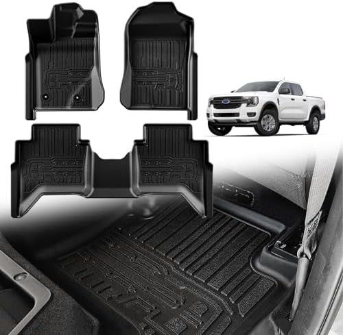 TripleAliners Floor Mats Compatible with Ford Ranger 2024 2025 SuperCrew Accessories All Weather Custom Fit 1st & 2nd Row TPE Truck Floor Liners Black