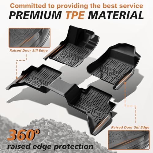 TripleAliners Floor Mats Compatible with Ford Ranger 2024 2025 SuperCrew Accessories All Weather Custom Fit 1st & 2nd Row TPE Truck Floor Liners Black