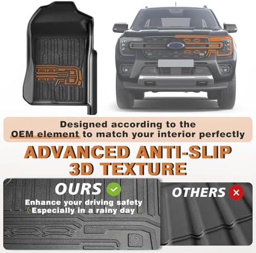 TripleAliners Floor Mats Compatible with Ford Ranger 2024 2025 SuperCrew Accessories All Weather Custom Fit 1st & 2nd Row TPE Truck Floor Liners Black