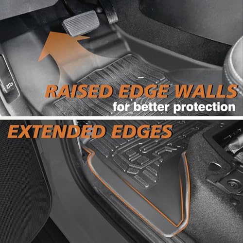 TripleAliners Floor Mats Compatible with Ford Ranger 2024 2025 SuperCrew Accessories All Weather Custom Fit 1st & 2nd Row TPE Truck Floor Liners Black