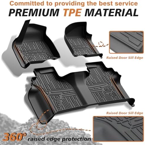 TripleAliners Floor Mats Compatible with Ford Ranger 2024 2025 SuperCrew Accessories All Weather Custom Fit 1st & 2nd Row TPE Truck Floor Liners Black