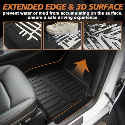TripleAliners Floor Mats Compatible with Ford Ranger 2024 2025 SuperCrew Accessories All Weather Custom Fit 1st & 2nd Row TPE Truck Floor Liners Black