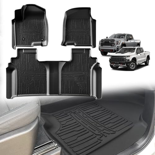 TripleAliners Floor Mats Compatible with Ford Ranger 2024 2025 SuperCrew Accessories All Weather Custom Fit 1st & 2nd Row TPE Truck Floor Liners Black