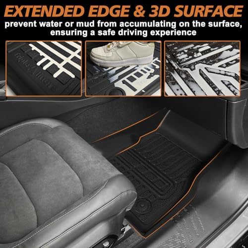 TripleAliners Floor Mats Compatible with Ford Ranger 2024 2025 SuperCrew Accessories All Weather Custom Fit 1st & 2nd Row TPE Truck Floor Liners Black