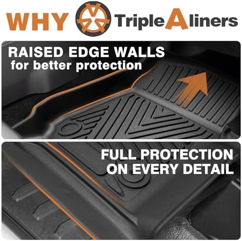 TripleAliners Floor Mats Compatible with Ford Ranger 2024 2025 SuperCrew Accessories All Weather Custom Fit 1st & 2nd Row TPE Truck Floor Liners Black