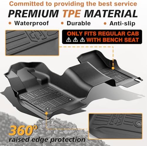 TripleAliners Floor Mats Compatible with Ford Ranger 2024 2025 SuperCrew Accessories All Weather Custom Fit 1st & 2nd Row TPE Truck Floor Liners Black