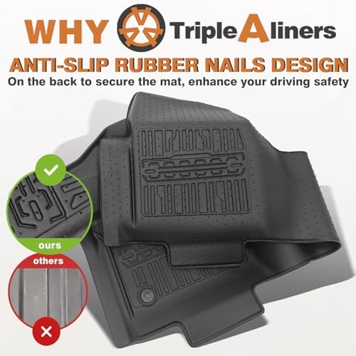 TripleAliners Floor Mats Compatible with Ford Ranger 2024 2025 SuperCrew Accessories All Weather Custom Fit 1st & 2nd Row TPE Truck Floor Liners Black