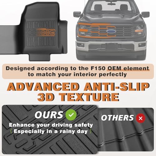 TripleAliners Floor Mats Compatible with Ford Ranger 2024 2025 SuperCrew Accessories All Weather Custom Fit 1st & 2nd Row TPE Truck Floor Liners Black