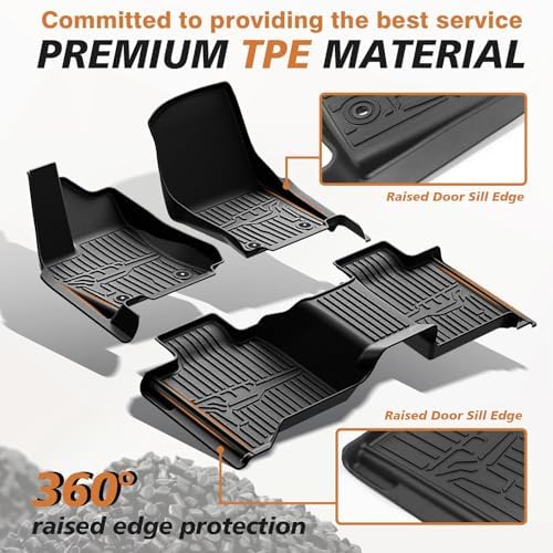 TripleAliners Floor Mats Compatible with Ford Ranger 2024 2025 SuperCrew Accessories All Weather Custom Fit 1st & 2nd Row TPE Truck Floor Liners Black