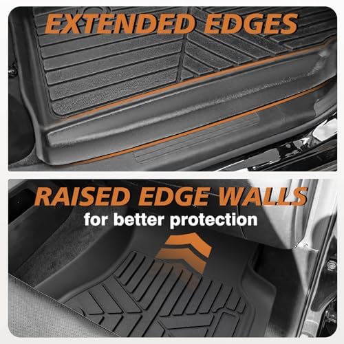 TripleAliners Floor Mats Compatible with Ford Ranger 2024 2025 SuperCrew Accessories All Weather Custom Fit 1st & 2nd Row TPE Truck Floor Liners Black