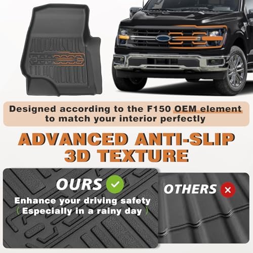 TripleAliners Floor Mats Compatible with Ford Ranger 2024 2025 SuperCrew Accessories All Weather Custom Fit 1st & 2nd Row TPE Truck Floor Liners Black