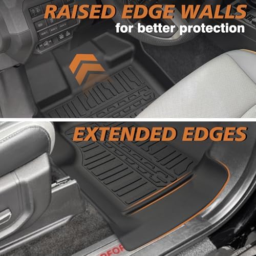 TripleAliners Floor Mats Compatible with Ford Ranger 2024 2025 SuperCrew Accessories All Weather Custom Fit 1st & 2nd Row TPE Truck Floor Liners Black