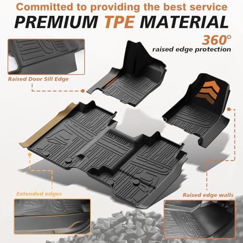 TripleAliners Floor Mats Compatible with Ford Ranger 2024 2025 SuperCrew Accessories All Weather Custom Fit 1st & 2nd Row TPE Truck Floor Liners Black