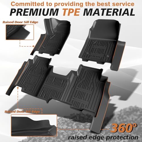 TripleAliners Floor Mats Compatible with Ford Ranger 2024 2025 SuperCrew Accessories All Weather Custom Fit 1st & 2nd Row TPE Truck Floor Liners Black