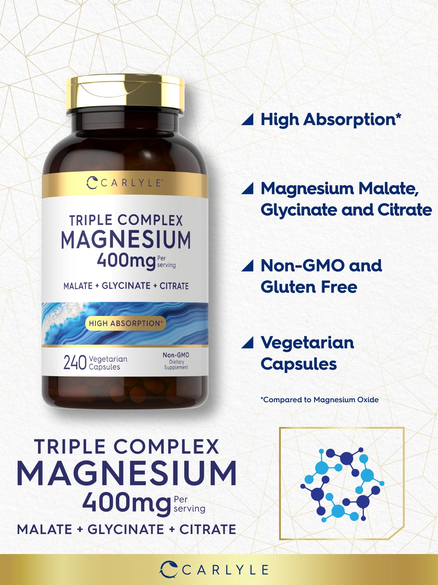 Triple Magnesium Complex   400mg   240 Capsules   Magnesium Malate  Glycinate & Citrate   by Carlyle