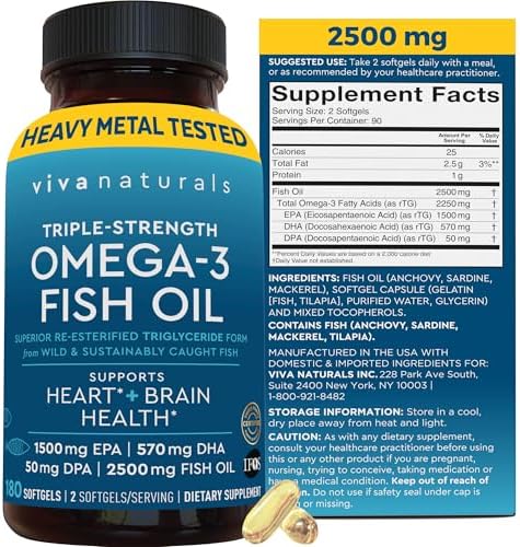 Triple Strength Omega 3 Fish Oil Supplement for Women and Men   2500 mg High Potency  Easy to Absorb Re esterified Triglyceride Form  Pescatarian Friendly DPA EPA DHA Omega 3 Supplement  180 Softgels