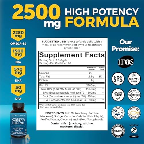 Triple Strength Omega 3 Fish Oil Supplement for Women and Men   2500 mg High Potency  Easy to Absorb Re esterified Triglyceride Form  Pescatarian Friendly DPA EPA DHA Omega 3 Supplement  180 Softgels
