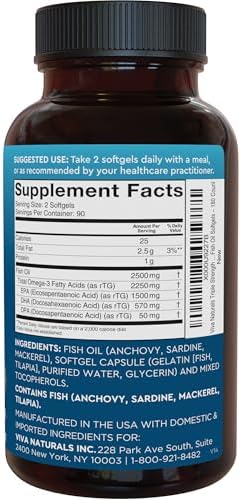 Viva Naturals Aceite de pescado, 180 cápsulas blandas, triple concentración, 2200 mg, vitaminas de origen sostenible y natural, ácidos grasos omega 3 incluyendo EPA y DHA, no provoca eructos