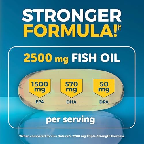 Viva Naturals Aceite de pescado, 180 cápsulas blandas, triple concentración, 2200 mg, vitaminas de origen sostenible y natural, ácidos grasos omega 3 incluyendo EPA y DHA, no provoca eructos