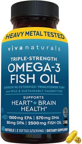 Viva Naturals Aceite de pescado, 180 cápsulas blandas, triple concentración, 2200 mg, vitaminas de origen sostenible y natural, ácidos grasos omega 3 incluyendo EPA y DHA, no provoca eructos